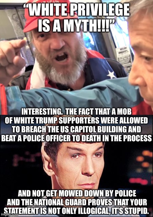 “WHITE PRIVILEGE IS A MYTH!!!”; INTERESTING.  THE FACT THAT A MOB OF WHITE TRUMP SUPPORTERS WERE ALLOWED TO BREACH THE US CAPITOL BUILDING AND BEAT A POLICE OFFICER TO DEATH IN THE PROCESS; AND NOT GET MOWED DOWN BY POLICE AND THE NATIONAL GUARD PROVES THAT YOUR STATEMENT IS NOT ONLY ILLOGICAL, IT’S STUPID. | image tagged in angry trump supporter,condescending spock,capitol hill,riots,qanon,white privilege | made w/ Imgflip meme maker