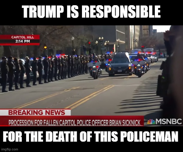 A "Law and Order" President? - NO!  A LIAR AND A MURDERER | TRUMP IS RESPONSIBLE; FOR THE DEATH OF THIS POLICEMAN | image tagged in trump is a murderer,sedition,inciting a riot,high crimes,impeach trump,lock trump up | made w/ Imgflip meme maker