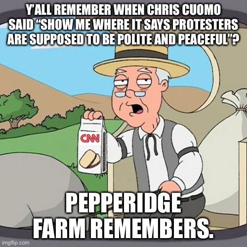 CNN celebrated riots in 2020. What makes 2021 objectionable to CNN? | Y’ALL REMEMBER WHEN CHRIS CUOMO SAID “SHOW ME WHERE IT SAYS PROTESTERS ARE SUPPOSED TO BE POLITE AND PEACEFUL”? PEPPERIDGE FARM REMEMBERS. | image tagged in memes,pepperidge farm remembers,chris cuomo,protesters,liberal logic,cnn fake news | made w/ Imgflip meme maker