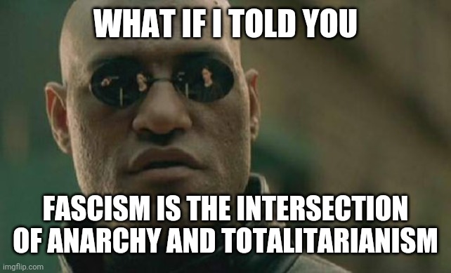 Matrix Morpheus | WHAT IF I TOLD YOU; FASCISM IS THE INTERSECTION OF ANARCHY AND TOTALITARIANISM | image tagged in memes,matrix morpheus | made w/ Imgflip meme maker