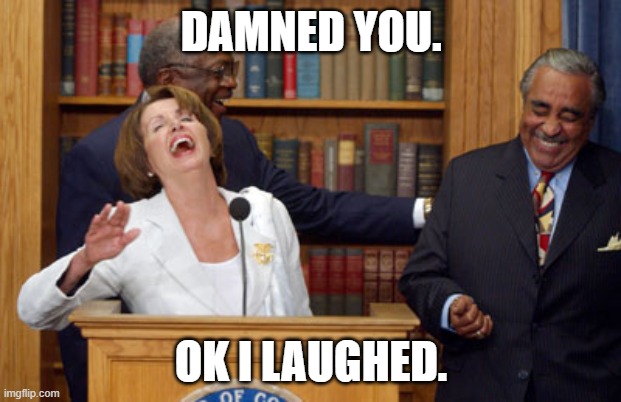 Nancy Pelosi Laughing | DAMNED YOU. OK I LAUGHED. | image tagged in nancy pelosi laughing | made w/ Imgflip meme maker