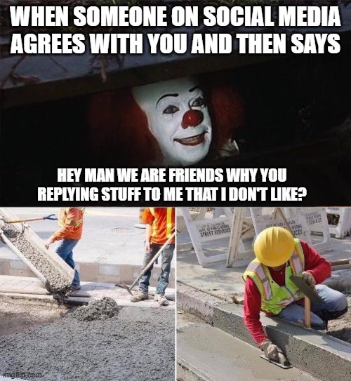 Trust no one. | WHEN SOMEONE ON SOCIAL MEDIA AGREES WITH YOU AND THEN SAYS; HEY MAN WE ARE FRIENDS WHY YOU REPLYING STUFF TO ME THAT I DON'T LIKE? | image tagged in pennywise sewer nope | made w/ Imgflip meme maker