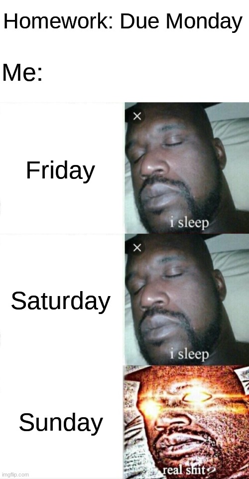 Why | Homework: Due Monday; Me:; Friday; Saturday; Sunday | image tagged in blank white template,memes,sleeping shaq | made w/ Imgflip meme maker