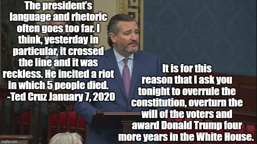 Ted Cruz is a Riot! | The president’s language and rhetoric often goes too far. I think, yesterday in particular, it crossed the line and it was reckless. He incited a riot in which 5 people died.    -Ted Cruz January 7, 2020; It is for this reason that I ask you tonight to overrule the constitution, overturn the will of the voters and award Donald Trump four more years in the White House. | image tagged in ted cruz,2020 elections,donald trump approves,president trump,riots | made w/ Imgflip meme maker