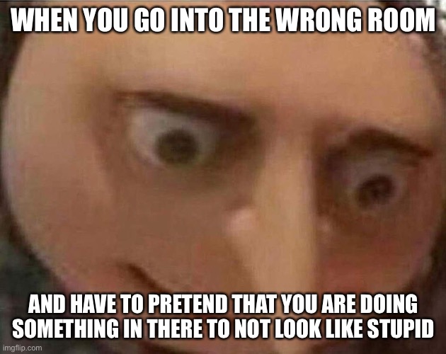 I better not be the only one that does this | WHEN YOU GO INTO THE WRONG ROOM; AND HAVE TO PRETEND THAT YOU ARE DOING SOMETHING IN THERE TO NOT LOOK LIKE STUPID | image tagged in gru meme,oh shit | made w/ Imgflip meme maker