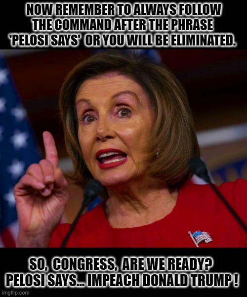 Like ln Simon Says Speaker of the House Nancy Pelosi lays out the ground rules for the New Year of 2021 | NOW REMEMBER TO ALWAYS FOLLOW THE COMMAND AFTER THE PHRASE  'PELOSI SAYS'  OR YOU WILL BE ELIMINATED. SO,  CONGRESS,  ARE WE READY?  PELOSI SAYS... IMPEACH DONALD TRUMP ! | image tagged in nancy pelosi,liberals vs conservatives,election 2020 aftermath,joe biden,democrat,sad but true | made w/ Imgflip meme maker