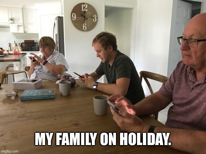 MY FAMILY ON HOLIDAY. | image tagged in everyone on their phone,no conversation | made w/ Imgflip meme maker