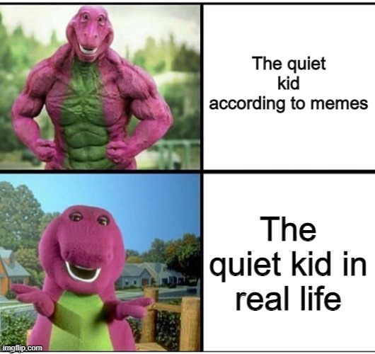 I couldn't think of a title for this one. | The quiet kid according to memes; The quiet kid in real life | image tagged in memes,barney,funny,stop reading the tags,school,quiet kid | made w/ Imgflip meme maker