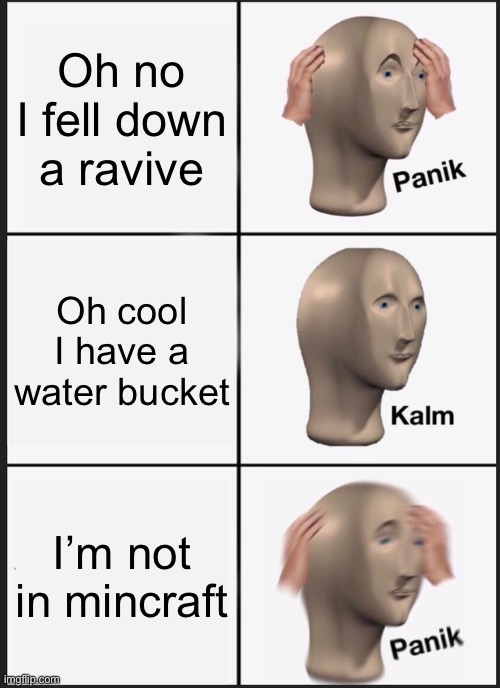 Panik Kalm Panik Meme | Oh no I fell down a ravive; Oh cool I have a water bucket; I’m not in mincraft | image tagged in memes,panik kalm panik | made w/ Imgflip meme maker