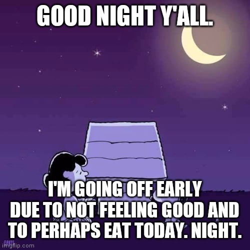 See y'all tomorrow | GOOD NIGHT Y'ALL. I'M GOING OFF EARLY DUE TO NOT FEELING GOOD AND TO PERHAPS EAT TODAY. NIGHT. | image tagged in good night | made w/ Imgflip meme maker