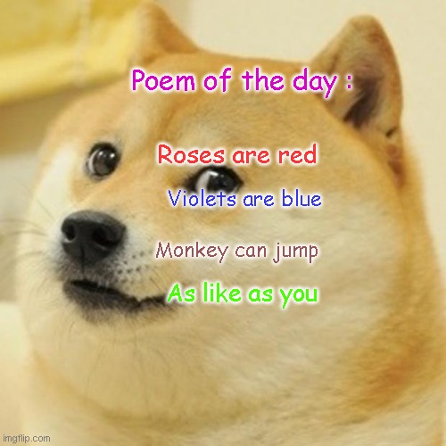 Poem of the Day | Poem of the day :; Roses are red; Violets are blue; Monkey can jump; As like as you | image tagged in memes,doge | made w/ Imgflip meme maker