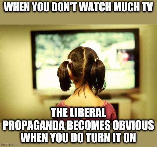 Maybe it's not just the college professors | WHEN YOU DON'T WATCH MUCH TV; THE LIBERAL PROPAGANDA BECOMES OBVIOUS WHEN YOU DO TURN IT ON | image tagged in watching television | made w/ Imgflip meme maker