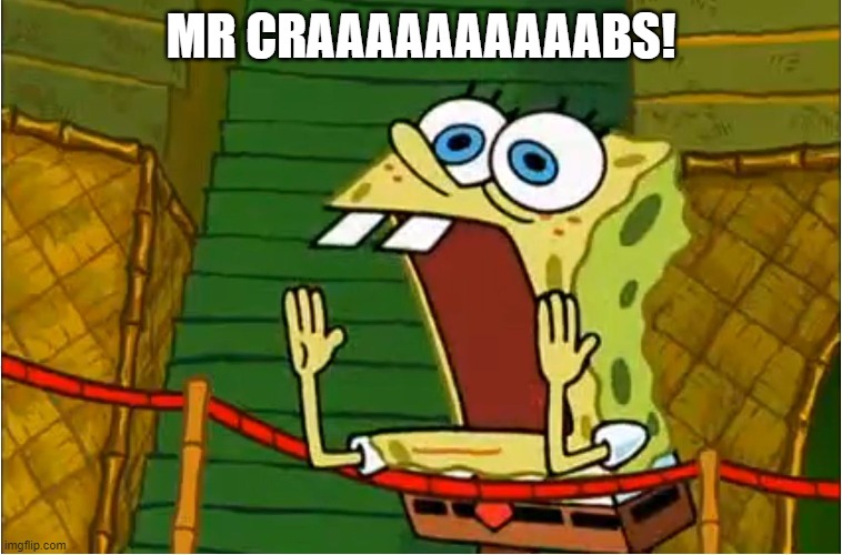 spongebob yell | MR CRAAAAAAAAAABS! | image tagged in spongebob yell | made w/ Imgflip meme maker