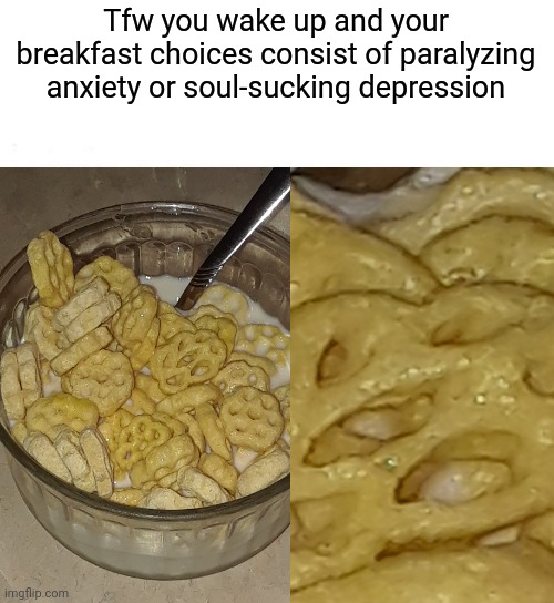 The most important meal of the day | Tfw you wake up and your breakfast choices consist of paralyzing anxiety or soul-sucking depression | image tagged in memes | made w/ Imgflip meme maker