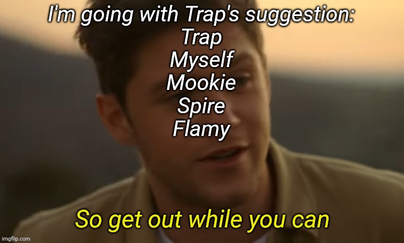 So get out while you can | I'm going with Trap's suggestion:
Trap
Myself
Mookie
Spire
Flamy | image tagged in so get out while you can | made w/ Imgflip meme maker