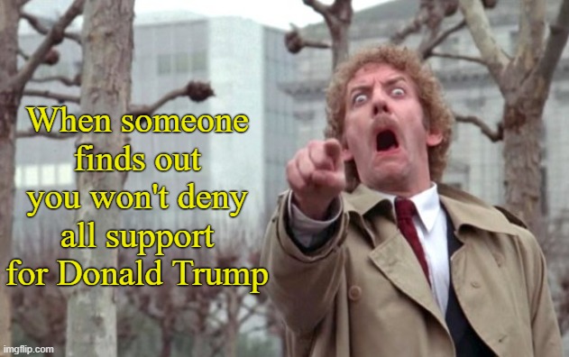 To put it mildly... | When someone finds out you won't deny all support for Donald Trump | image tagged in conservatives,donald trump,nevertrump meme | made w/ Imgflip meme maker