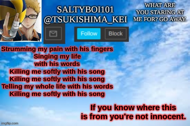 Yeet | Strumming my pain with his fingers
Singing my life with his words
Killing me softly with his song
Killing me softly with his song
Telling my whole life with his words
Killing me softly with his song; If you know where this is from you're not innocent. | image tagged in yeet | made w/ Imgflip meme maker