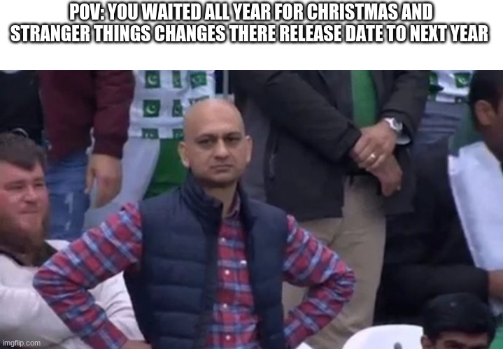 disapointed guy | POV: YOU WAITED ALL YEAR FOR CHRISTMAS AND STRANGER THINGS CHANGES THERE RELEASE DATE TO NEXT YEAR | image tagged in disapointed guy | made w/ Imgflip meme maker