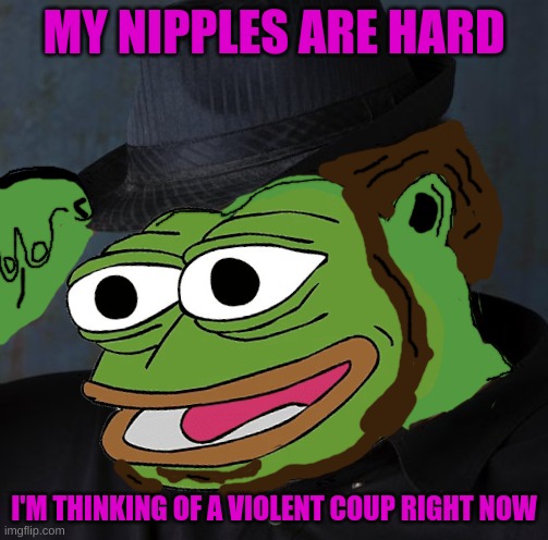 fat pepe 2.0 | MY NIPPLES ARE HARD I'M THINKING OF A VIOLENT COUP RIGHT NOW | image tagged in fat pepe 2 0 | made w/ Imgflip meme maker