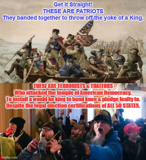 Get It Straight | Get it Straight!

THESE ARE PATRIOTS
They banded together to throw off the yoke of a King. THESE ARE TERRORISTS & TRAITORS
Who attacked the temple of American Democracy.
To install a would be king to bend knee & pledge fealty to.
Despite the legal election certifications of ALL 50 STATES. | image tagged in terrorists | made w/ Imgflip meme maker