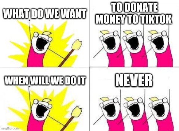 What Do We Want | WHAT DO WE WANT; TO DONATE MONEY TO TIKTOK; WHEN WILL WE DO IT; NEVER | image tagged in memes,what do we want | made w/ Imgflip meme maker