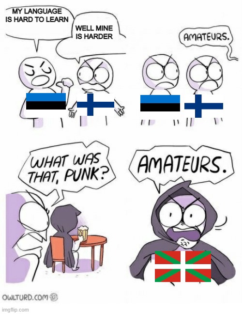 Basque is a very hard language to learn | MY LANGUAGE IS HARD TO LEARN; WELL MINE IS HARDER | image tagged in memes,amateurs,finland,estonia,basque,language | made w/ Imgflip meme maker