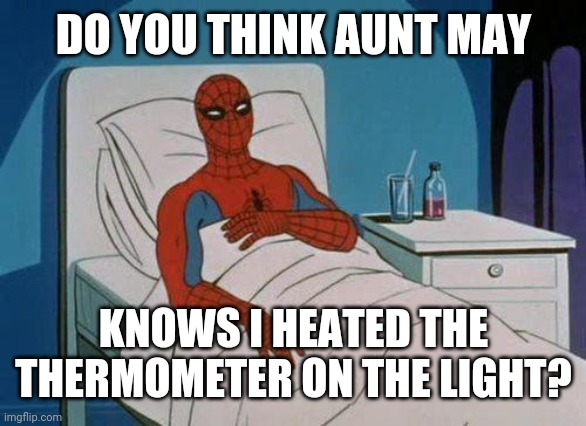 Spiderman Hospital Meme |  DO YOU THINK AUNT MAY; KNOWS I HEATED THE THERMOMETER ON THE LIGHT? | image tagged in memes,spiderman hospital,spiderman | made w/ Imgflip meme maker
