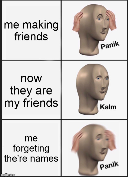 Panik Kalm Panik | me making friends; now they are my friends; me forgeting the're names | image tagged in memes,panik kalm panik | made w/ Imgflip meme maker