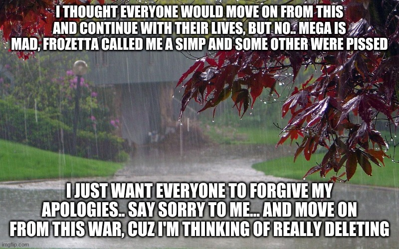 i'm not a sonictiger mega, im not a war causer.. im not an idiot.. | I THOUGHT EVERYONE WOULD MOVE ON FROM THIS AND CONTINUE WITH THEIR LIVES, BUT NO.. MEGA IS MAD, FROZETTA CALLED ME A SIMP AND SOME OTHER WERE PISSED; I JUST WANT EVERYONE TO FORGIVE MY APOLOGIES.. SAY SORRY TO ME... AND MOVE ON FROM THIS WAR, CUZ I'M THINKING OF REALLY DELETING | image tagged in rainy day | made w/ Imgflip meme maker