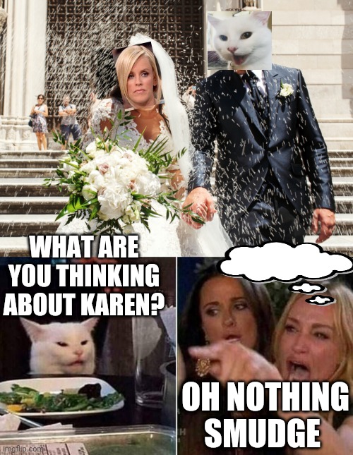 WHAT ARE YOU THINKING ABOUT KAREN? OH NOTHING SMUDGE | image tagged in reverse smudge and karen | made w/ Imgflip meme maker