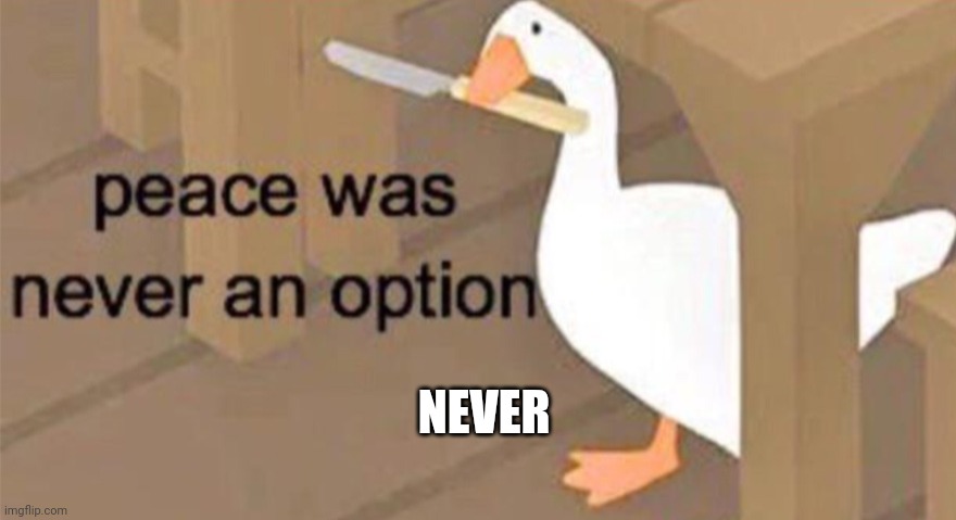 NEVER | image tagged in untitled goose peace was never an option | made w/ Imgflip meme maker