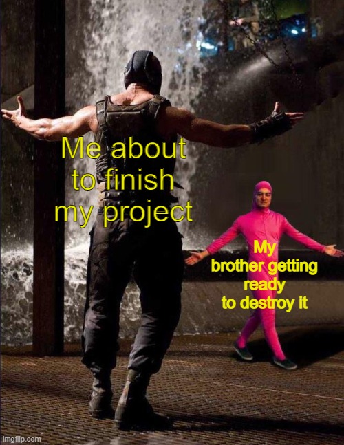 He is the lord of mass destruction... | Me about to finish my project; My brother getting ready to destroy it | image tagged in baine | made w/ Imgflip meme maker