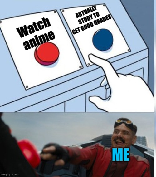 Anime addiction | ACTUALLY STUDY TO GET GOOD GRADES; Watch anime; ME | image tagged in two buttons eggman | made w/ Imgflip meme maker