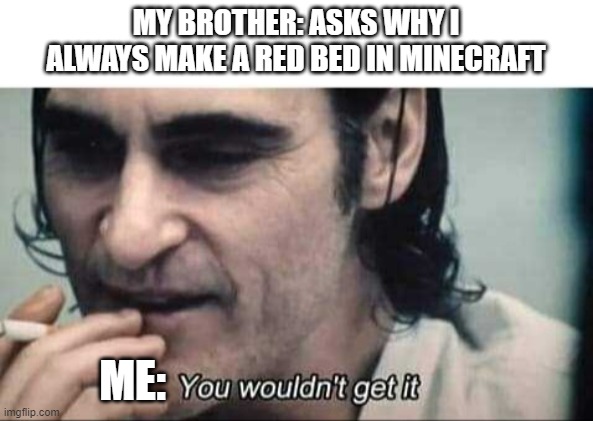You wouldn't get it | MY BROTHER: ASKS WHY I ALWAYS MAKE A RED BED IN MINECRAFT; ME: | image tagged in you wouldn't get it | made w/ Imgflip meme maker