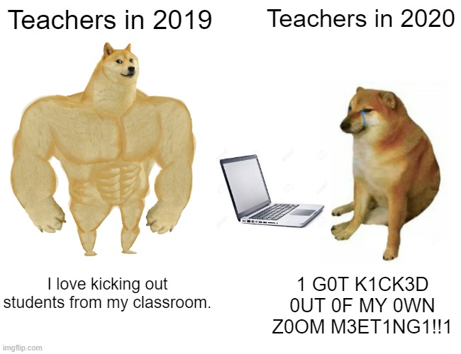 Buff Doge vs. Cheems | Teachers in 2019; Teachers in 2020; I love kicking out students from my classroom. 1 G0T K1CK3D 0UT 0F MY 0WN Z0OM M3ET1NG1!!1 | image tagged in memes,buff doge vs cheems | made w/ Imgflip meme maker