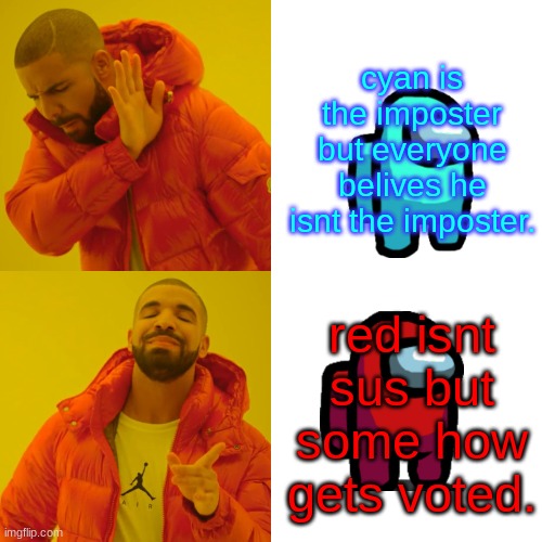 red is always sus. | cyan is the imposter but everyone belives he isnt the imposter. red isnt sus but some how gets voted. | image tagged in memes,drake hotline bling | made w/ Imgflip meme maker