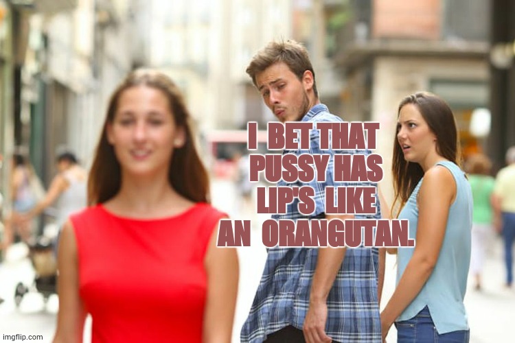 Distracted Boyfriend Meme | I  BET THAT  PUSSY HAS  LIP'S  LIKE  AN  ORANGUTAN. | image tagged in memes,distracted boyfriend | made w/ Imgflip meme maker