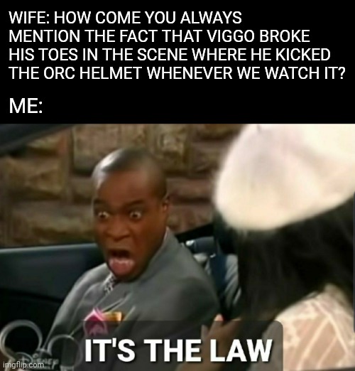 It's the law | WIFE: HOW COME YOU ALWAYS MENTION THE FACT THAT VIGGO BROKE HIS TOES IN THE SCENE WHERE HE KICKED THE ORC HELMET WHENEVER WE WATCH IT? ME: | image tagged in it's the law | made w/ Imgflip meme maker