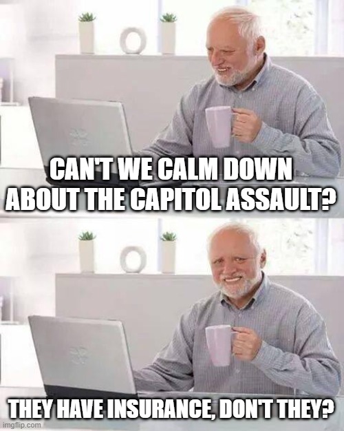 Hide the Pain Harold Meme | CAN'T WE CALM DOWN ABOUT THE CAPITOL ASSAULT? THEY HAVE INSURANCE, DON'T THEY? | image tagged in memes,hide the pain harold | made w/ Imgflip meme maker