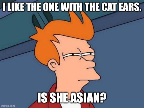 Futurama Fry Meme | I LIKE THE ONE WITH THE CAT EARS. IS SHE ASIAN? | image tagged in memes,futurama fry | made w/ Imgflip meme maker