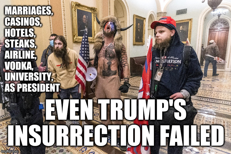Even Trump's Insurrection Failed | MARRIAGES,
CASINOS,
HOTELS,
STEAKS,
AIRLINE,
VODKA,
UNIVERSITY,
AS PRESIDENT; EVEN TRUMP'S
INSURRECTION FAILED | image tagged in trump,epic fail,fail,sad losers,freakshow | made w/ Imgflip meme maker