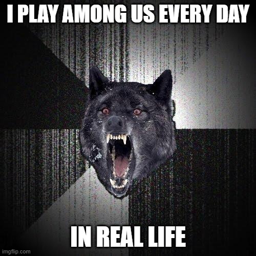 It's way more funny than in the game ! | I PLAY AMONG US EVERY DAY; IN REAL LIFE | image tagged in memes,insanity wolf,among us,in real life | made w/ Imgflip meme maker
