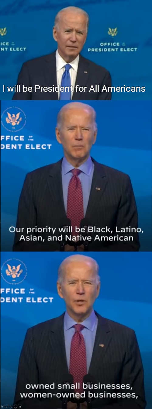 Apparently not President for White male small business owners | I will be President for All Americans | image tagged in joe biden,racist,covid-19,minorities | made w/ Imgflip meme maker