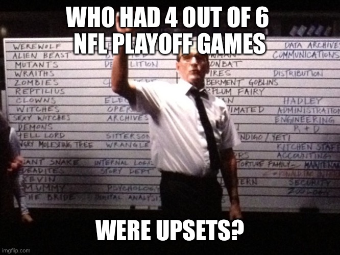 4 out of 6 NFL playoff games were upsets | WHO HAD 4 OUT OF 6 
NFL PLAYOFF GAMES; WERE UPSETS? | image tagged in who had x for y,nfl,upsets,playoff games | made w/ Imgflip meme maker