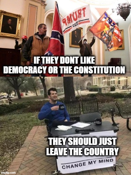 Take their citizenship away | IF THEY DONT LIKE DEMOCRACY OR THE CONSTITUTION; THEY SHOULD JUST LEAVE THE COUNTRY | image tagged in memes,change my mind,maga,treason,traitors,impeach trump | made w/ Imgflip meme maker