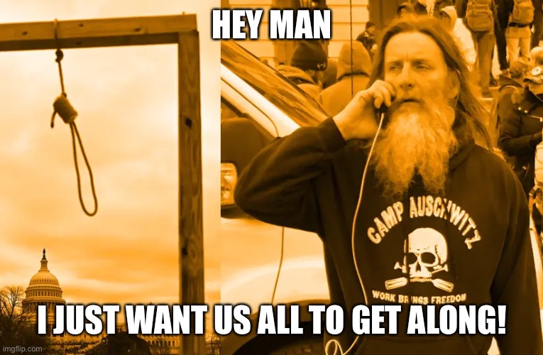 Cant we all get along? | HEY MAN; I JUST WANT US ALL TO GET ALONG! | image tagged in nazi,trump,terrorist | made w/ Imgflip meme maker