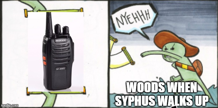 Those who get this will probably find it funny, those who don't will be confused. | WOODS WHEN SYPHUS WALKS UP; HE'S HERE | image tagged in syphus,matthias,863,syphus590 | made w/ Imgflip meme maker