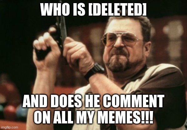 Am I being stalked... | WHO IS [DELETED]; AND DOES HE COMMENT ON ALL MY MEMES!!! | image tagged in memes,am i the only one around here | made w/ Imgflip meme maker