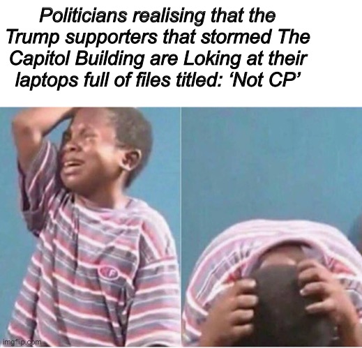 Politicians realising that the Trump supporters that stormed The Capitol Building are Loking at their laptops full of files titled: ‘Not CP’ | image tagged in blank white template,crying kid | made w/ Imgflip meme maker