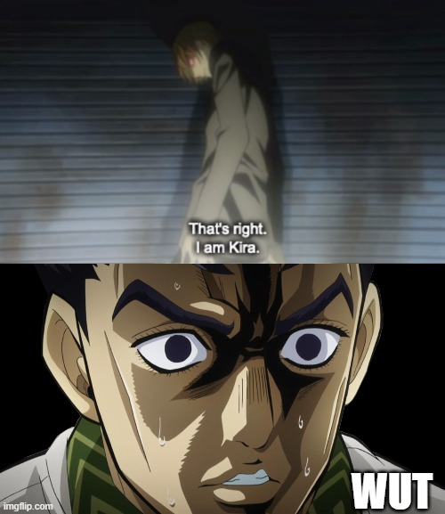Another Kira meme | WUT | image tagged in we're no strangers to love,you know the rules and so do i,never gonna give you up,never gonna let you down | made w/ Imgflip meme maker